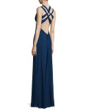 Draped Sleeveless V-Neck Gown, Navy