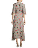 Short-Sleeve Printed Silk Midi Dress, Pumice