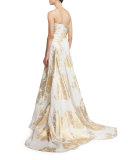 Sweetheart-Neck Pleated-Bodice Gown, White/Gold