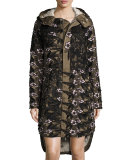 Long Floral-Lace Satin Parka, Khaki Multi