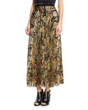 Pleated Metallic-Embroidered Maxi Skirt, Gold