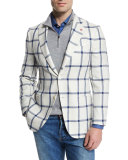 Windowpane Two-Button Silk-Blend Jacket, White/Blue