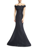 Pleated Off-The-Shoulder Evening Gown, Midnight