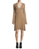 Bell-Sleeve Cashmere Cardigan Dress, Camel