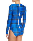 UPF 50 Long-Sleeve Paid One-Piece Swimsuit, Blue