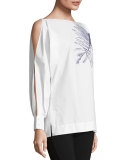 Leaf-Embroidered Cold-Shoulder Blouse, White