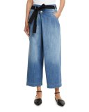 Wide-Leg Crossover Cropped Jeans, Medium Blue