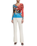 Long-Sleeve Mixed-Print Sweater, Coral/Blue