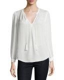 Calla Long-Sleeve Tassel-Tie Top, Porcelain 