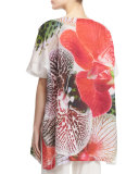 Short-Sleeve Tropical Orchid-Print Caftan, Plus Size