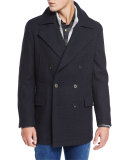 Plaid Wool Pea Coat, Navy