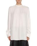 Ruched Stand-Collar Blouse, Stone White