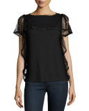 Short-Sleeve Point d'Esprit-Trim Top, Nero