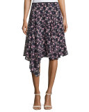 Asymmetric Floral Silk Skirt, Black/Multicolor