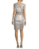 Short-Sleeve Sequined Lace Dress, Sand/Ivory  