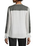 Long-Sleeve Semisheer Embroidered Peasant Top, Ivory/Black