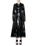 Belted Patent-Leather Trench Coat W/Ruffle Trim, Black