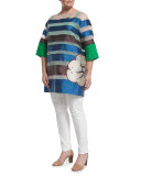 Half-Sleeve Striped Floral Long Tunic, Plus Size 