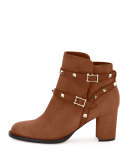 Rockstud Suede Chunky-Heel Boot, Tobacco 