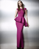 Etheline Cap-Sleeve Peplum Column Gown, Vinaccia