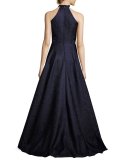 Sleeveless Satin Jacquard Ball Gown, Navy