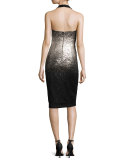 Ombre Foil Halter Cocktail Dress, Silver/Black