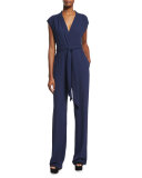 Wide-Leg Self-Belt Jumpsuit, Indigo