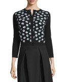 3/4-Sleeve Floral-Embellished Cardigan, Black/Green/White
