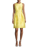 Sleeveless Floral Brocade Cocktail Dress, Yellow