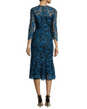 3/4-Sleeve Lace Two-Tone Midi Dress, Blue/Black