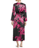 Floral-Print Charmeuse Wrap Robe, Black/Pink