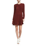 Montana Long-Sleeve Silk Flounce Dress, Burgundy 