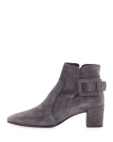 Polly Suede Side-Buckle Ankle Boot, Dark Gray