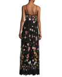 Lindy Sleeveless Embroidered Column Gown, Black