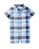 Short-Sleeve Plaid Poplin Shortall, Blue, Size 3-18 Months