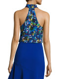 Jewel-Print Satin Chiffon Halter Top, Multi