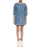 Frayed-Hem Denim Shift Dress, Light Blue Denim