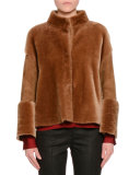 Shearling Fur Reversible Short Jacket, Camel