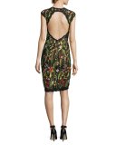 Cap-Sleeve Floral Open-Back Cocktail Dress, Multicolor