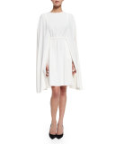 Jewel-Neck Crepe Cape Dress, Ivory
