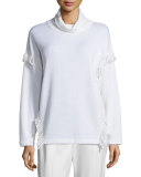 Fringe-Trim Turtleneck Sweater, Off White