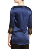 Lace-Trim Liquid Satin Tunic, Ink/Caviar