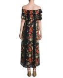 Floral Off-the-Shoulder Ruffled Maxi Dress, Black