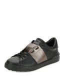 Leather Low-Top Sneaker with Stripe, Black/Gunmetal