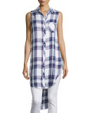Jordyn Plaid Sleeveless High-Low Tunic, White/Navy/Orchid