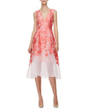 Sleeveless Palm-Print Overlay Dress, Red/Pink