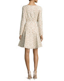 Long-Sleeve Ornamental Fit-&-Flare Dress, Tan/Ivory