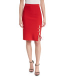 Laced-Slit Pencil Skirt, Vermillion