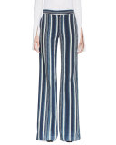 Striped Silk Wide-Leg Trousers, Navy