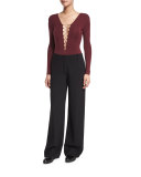 Long-Sleeve Lace-Up Jersey Bodysuit, Wine